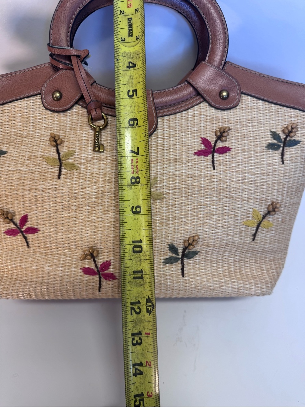 Fossil Tan Straw Tote with Brown Leather Trim and Multicolor Embroidery - Picture 11 of 16